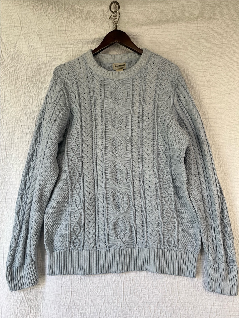 LL Bean Cable Knit Sweater Mens Medium Blue Thick Cotton Fisherman Pullover FLAW